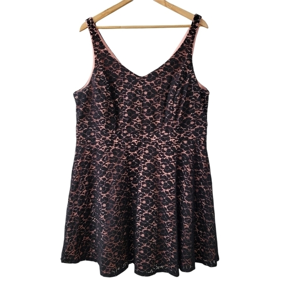 Pink Black Lace Overlay Mini Dress Fit & Flare Sz 16 - Picture 1 of 14